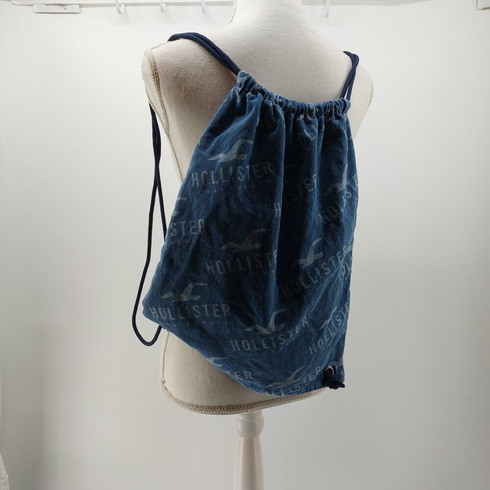 Hollister Logo Denim Back pack Y2k Style Drawstring Jean Bag